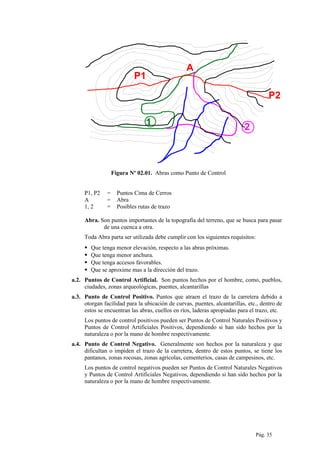 2
A
P2
1
P1
Figura Nº 02.01. Abras como Punto de Control
P1, P2 = Puntos Cima de Cerros
A = Abra
1, 2 = Posibles rutas de trazo
Abra. Son puntos importantes de la topografía del terreno, que se busca para pasar
de una cuenca a otra.
Toda Abra parta ser utilizada debe cumplir con los siguientes requisitos:
 Que tenga menor elevación, respecto a las abras próximas.
 Que tenga menor anchura.
 Que tenga accesos favorables.
 Que se aproxime mas a la dirección del trazo.
a.2. Puntos de Control Artificial. Son puntos hechos por el hombre, como, pueblos,
ciudades, zonas arqueológicas, puentes, alcantarillas
a.3. Punto de Control Positivo. Puntos que atraen el trazo de la carretera debido a
otorgan facilidad para la ubicación de curvas, puentes, alcantarillas, etc., dentro de
estos se encuentran las abras, cuellos en ríos, laderas apropiadas para el trazo, etc.
Los puntos de control positivos pueden ser Puntos de Control Naturales Positivos y
Puntos de Control Artificiales Positivos, dependiendo si han sido hechos por la
naturaleza o por la mano de hombre respectivamente.
a.4. Punto de Control Negativo. Generalmente son hechos por la naturaleza y que
dificultan o impiden el trazo de la carretera, dentro de estos puntos, se tiene los
pantanos, zonas rocosas, zonas agrícolas, cementerios, casas de campesinos, etc.
Los puntos de control negativos pueden ser Puntos de Control Naturales Negativos
y Puntos de Control Artificiales Negativos, dependiendo si han sido hechos por la
naturaleza o por la mano de hombre respectivamente.
Pág. 35
 