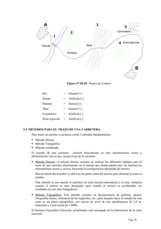 A
Puente
Pantano
Abra
Cementerio
Zona Agrícola
B
1
2
3
5
4
Figura Nº 02.02. Puntos de Control
Río = Natural (+)
Puente = Artificial (+)
Pantano = Natural (-)
Abra = Natural (+)
Cementerio = Artificial (-)
Zona Agrícola = Artificial (-)
3.3 MÉTODOS PARA EL TRAZO DE UNA CARRETERA
Para trazar un camino o carretera, existe 2 métodos fundaménteles:
 Método Directo
 Método Topográfico
 Método combinado
El trazado de una carretera consiste básicamente en unir alineamientos rectos y
alineamientos curvos que vienen el eje de la carretera.
 Método Directo: el método directo consiste en realizar los diferentes trabajos para el
trazo de una carretera directamente en el terreno por donde pasará ésta. Se trazaran los
alineamientos rectos y curvos, buscando la configuración apropiada del terreno.
Para el efecto del trazador se ubica en las partes altas del terreno para dominar la zona en
estudio.
Este método se usa cuando la carretera no tiene mucha importancia y es muy ventajosa
cuando el terreno es muy despejado; pero cuando el terreno es accidentado, los
resultados no son muy halagadores.
 Método Topográfico: Este método consiste en documentarse de graficas, planos,
fotografías aéreas, referencia de los lugareños, etc.; para después hacer el estudio de esta
zona en un plano topográfico, con curvas de nivel de una equidistancia de 2.0 m.
(máxima) y a una escala de 1/2000.
El Instituto Geográfico Nacional, actualmente está encargado de la elaboración de la carta
nacional.
Pág. 36
 