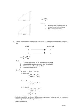 100.00
L
100.00 i
E
L
100
=
donde :
L : Longitud en el terreno que es
necesario para subir o bajar e
i : Pendiente en porcentaje
4. Si ahora debemos tomar la longitud L a una escala 1/k la longitud de abertura de compás (l)
será:
PLANO TERRENO
1 K
l L
Ki
E
K
L
l
100
==
Donde :
l : Abertura del compás, en las unidades que se toma e.
E : Equidistancia de curvas de nivel, tiene sus unidades.
K : Denominador de la escala del plano
i : Pendiente en porcentaje
Ejemplo:
Si escala 1 / 2000 E = 2 m.
Se tendrá que:
i
m
i
l
10
.1
2000
2100
=
×
×
=
Si i = 5 %
.02.0
510
.1
m
m
l =
×
=
Si E = 200 cm
.2
5
10
.10
2000
200100
cml
i
m
i
l
==
=
×
×
=
Habiéndose definido la abertura del compás se procede a tratar de unir los puntos en
referencia, pudiéndose dar los siguientes casos:
•Que se logre unirlas
Pág. 39
 