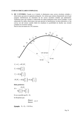 CURVAS CIRCULARES COMPLEJAS.
1. DE 2 CENTROS. Cuando en el diseño si planteamos unas curvas circulares aisladas y
observamos que para un segmento poligonal , los valores que estamos disponiendo son tal que
originan interferencias de elementos de las curvas circulares aisladas que planteamos.
Tendremos pues que estudiar si reduciendo los radios podríamos tener curvas aisladas; si aun
reduciendo los radios observamos mas que persiste la interferencia, la única alternativa, si las
curvas son del mismo sentido habrá de estudiarse la posibilidad de diseñar una circular
completa en el mismo sentido.
Para el caso de tratarse de 2 PIs tenemos.
jiji PIPITT =+






=
2
i
ii
I
TgRT






=
2
j
jj
I
TgRT






+





=
22
j
j
i
iji
I
TgR
I
TgRPIPI
Debe preferirse:






+





=
22
ji
ji
I
Tg
I
Tg
PIPI
R
Si no es posible que Ri = Rj
Se Respetara que:
Ejemplo: PIi - PIj = 118.50 m.
Pág. 56
5.1≤
Rmenor
Rmayor
IB
IC
B
C
D
A
R
R
O
PC
PT
T1
T1
T2
T2
Ø/2
Ø/2
&/2 &/2
180°-((Ø+&)/2)
90°-&/2
90°-Ø/2
 