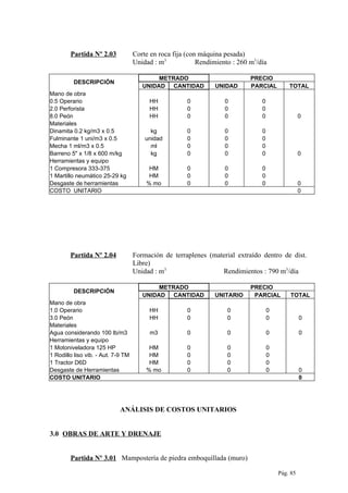 Partida Nº 2.03 Corte en roca fija (con máquina pesada)
Unidad : m3
Rendimiento : 260 m3
/día
DESCRIPCIÓN
METRADO PRECIO
UNIDAD CANTIDAD UNIDAD PARCIAL TOTAL
Mano de obra
0.5 Operario HH 0 0 0
2.0 Perforista HH 0 0 0
8.0 Peón HH 0 0 0 0
Materiales
Dinamita 0.2 kg/m3 x 0.5 kg 0 0 0
Fulminante 1 uni/m3 x 0.5 unidad 0 0 0
Mecha 1 ml/m3 x 0.5 ml 0 0 0
Barreno 5" x 1/8 x 600 m/kg kg 0 0 0 0
Herramientas y equipo
1 Compresora 333-375 HM 0 0 0
1 Martillo neumático 25-29 kg HM 0 0 0
Desgaste de herramientas % mo 0 0 0 0
COSTO UNITARIO 0
Partida Nº 2.04 Formación de terraplenes (material extraído dentro de dist.
Libre)
Unidad : m3
Rendimientos : 790 m3
/día
DESCRIPCIÓN
METRADO PRECIO
UNIDAD CANTIDAD UNITARIO PARCIAL TOTAL
Mano de obra
1.0 Operario HH 0 0 0
3.0 Peón HH 0 0 0 0
Materiales
Agua considerando 100 lb/m3 m3 0 0 0 0
Herramientas y equipo
1 Motoniveladora 125 HP HM 0 0 0
1 Rodillo liso vib. - Aut. 7-9 TM HM 0 0 0
1 Tractor D6D HM 0 0 0
Desgaste de Herramientas % mo 0 0 0 0
COSTO UNITARIO 0
ANÁLISIS DE COSTOS UNITARIOS
3.0 OBRAS DE ARTE Y DRENAJE
Partida Nº 3.01 Mampostería de piedra emboquillada (muro)
Pág. 85
 