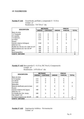 4.0 PAVIMENTOS
Partida Nº 4.01 Escarificado, perfilado y compactado E = 0.10 m
Unidad : m3
Rendimiento : 739.728 m2
/ día
DESCRIPCIÓN
METRADO PRECIO
UNIDAD CANTIDAD UNIDAD PARCIAL TOTAL
Mano de obra
1.0 Topógrafo h-H 0 0 0
0.3 capataz h-H 0 0 0
1.0 Operario h-H 0 0 0
4.0 Peón h-H 0 0 0 0
Equipo
Camión cisterna 4x2(agua) H-M 0 0 0
2000 GI (1.5)
Rodillo liso Vib.Aut.101-135H 10-12T HM 0 0 0
Motoniveladora de 130-135 HP HM 0 0 0
Mira HM 0 0 0
Nivel topográfico HM 0 0 0 0
COSTO UNITARIO 0
Partida Nº 4.02 Base granular E = 0.15 m, INC Nivel y Compactación
Unidad : m3
Rendimiento : 1479.436 m2
/ día
DESCRIPCIÓN
METRADO PRECIO
UNIDAD CANTIDAD UNIDAD PARCIAL TOTAL
Mano de obra
0.75 Capataz h-H 0 0 0
2.5 Oficial h-H 0 0 0
10.0 Peón h-H 0 0 0 0
Materiales
Material clasificado para la base m3 0 0 0 0
Equipo
Camión Cisterna 4x2 (agua) HM 0 0 0
2000 Gl (1.5)
2.0 Rodillo liso Vibr. Autop. HM 0 0 0
700-100HP 7-9T
2.0 Motoniveladora de 125 HP HM 0 0 0 0
COSTO UNITARIO 0
Partida Nº 4.03 Imprimación Asfáltica – Pavimentación
Unidad : m2
Pág. 88
 