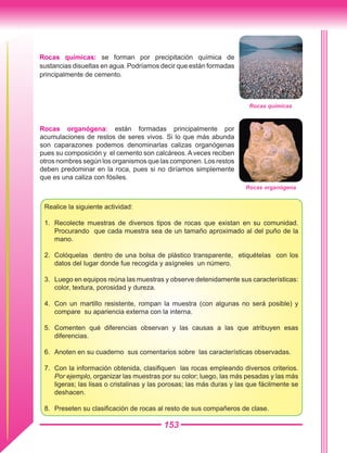 153
Rocas organógena: están formadas principalmente por
acumulaciones de restos de seres vivos. Si lo que más abunda
son caparazones podemos denominarlas calizas organógenas
pues su composición y el cemento son calcáreos. A veces reciben
otros nombres según los organismos que las componen. Los restos
deben predominar en la roca, pues si no diríamos simplemente
que es una caliza con fósiles.
Realice la siguiente actividad:
1.	 Recolecte muestras de diversos tipos de rocas que existan en su comunidad.
Procurando que cada muestra sea de un tamaño aproximado al del puño de la
mano.
2.	 Colóquelas dentro de una bolsa de plástico transparente, etiquételas con los
datos del lugar donde fue recogida y asígneles un número.
3.	 Luego en equipos reúna las muestras y observe detenidamente sus características:
color, textura, porosidad y dureza.
4.	 Con un martillo resistente, rompan la muestra (con algunas no será posible) y
compare su apariencia externa con la interna.
5.	 Comenten qué diferencias observan y las causas a las que atribuyen esas
diferencias.
6.	 Anoten en su cuaderno sus comentarios sobre las características observadas.
7.	 Con la información obtenida, clasifiquen las rocas empleando diversos criterios.
Por ejemplo, organizar las muestras por su color; luego, las más pesadas y las más
ligeras; las lisas o cristalinas y las porosas; las más duras y las que fácilmente se
deshacen.
8.	 Preseten su clasificación de rocas al resto de sus compañeros de clase.
Rocas químicas: se forman por precipitación química de
sustancias disueltas en agua. Podríamos decir que están formadas
principalmente de cemento.
Rocas químicas
Rocas organógena
 