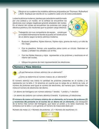 174
Dibuje en su cuaderno los modelos atómicos propuestos por Thomson, Rutherford
y Bohr. Explique por escrito en su cuaderno cada uno de estos postulados.
La teoría atómica moderna, plantea que cada átomo está formado
por una corteza y un núcleo, en la corteza se encuentran los
electrones (con cargas negativas) girando alrededor del núcleo.
En el interior del núcleo se encuentran los protones con carga
eléctrica positiva y los neutrones que no poseen carga eléctrica.
Trabajando con sus compañeros de equipo, construyan
un modelo tridimensional donde se pueda ver la estructura
de un átomo según la teoría atómica moderna.
•	 Busquen (plastilina, frijoles blancos, frijoles rojos, granos de maíz y un rollo de
hilo negro.
•	 Con la plastilina, formen una superficie plana como un círculo. Delimiten el
núcleo y señalen los orbitales con el hilo.
•	 Con los frijoles blancos y rojos representen a los protones y neutrones en el
interior del núcleo.
•	 Ubique los granos de maíz representando los electrones.
Número y Masa Atómica
¿A qué llamamos número atómico de un elemento?
¿Cómo se determina el número másico de un elemento?
El número atómico nos indica la cantidad de protones presentes en el núcleo y se
representa con la letra Z. Si tenemos en cuenta que la carga de un átomo es nula, el
número de protones será igual al número de electrones, de manera que Z también nos
indica el número de electrones del átomo.
- Un átomo de hidrógeno con número atómico 1 tendrá; 1 protón y 1 electrón
- Un átomo de carbono con número atómico 6 tendrá; 6 protones y 6 electrones.
El número de masa o el número másico de un elemento, es la suma de protones (Z)
y neutrones (N) presente en el núcleo de un átomo de un elemento, con excepción
de la forma más común del hidrógeno, que tiene un protón y no tiene neutrones. Se
simboliza con la letra A y en general, el número de masa está dado por:
Número de masa (A) = Número de protones (Z) + Número de neutrones (N)
A = Z + N
 