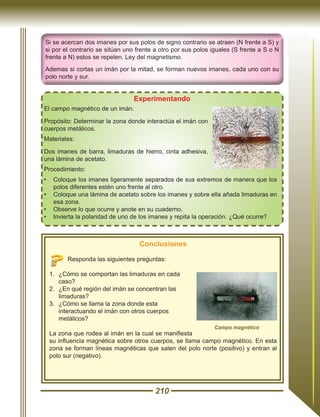 210
Experimentando
El campo magnético de un imán.
Propósito: Determinar la zona donde interactúa el imán con
cuerpos metálicos.
Materiales:
Dos imanes de barra, limaduras de hierro, cinta adhesiva,
una lámina de acetato.
Procedimiento:
•	 Coloque los imanes ligeramente separados de sus extremos de manera que los
polos diferentes estén uno frente al otro.
•	 Coloque una lámina de acetato sobre los imanes y sobre ella añada limaduras en
esa zona.
•	 Observe lo que ocurre y anote en su cuaderno.
•	 Invierta la polaridad de uno de los imanes y repita la operación. ¿Qué ocurre?
Conclusiones
Responda las siguientes preguntas:
1.	 ¿Cómo se comportan las limaduras en cada
caso?
2.	 ¿En qué región del imán se concentran las
limaduras?
3.	 ¿Cómo se llama la zona donde esta
interactuando el imán con otros cuerpos
metálicos?
La zona que rodea al imán en la cual se manifiesta
su influencia magnética sobre otros cuerpos, se llama campo magnético. En esta
zona se forman líneas magnéticas que salen del polo norte (positivo) y entran al
polo sur (negativo).
Campo magnético
 