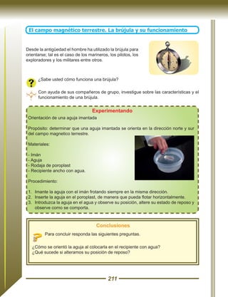 211
Desde la antigüedad el hombre ha utilizado la brújula para
orientarse; tal es el caso de los marineros, los pilotos, los
exploradores y los militares entre otros.
Con ayuda de sus compañeros de grupo, investigue sobre las características y el
funcionamiento de una brújula.
¿Sabe usted cómo funciona una brújula?
Experimentando
Orientación de una aguja imantada
Propósito: determinar que una aguja imantada se orienta en la dirección norte y sur
del campo magnetico terrestre.
Materiales:
- Imán
- Aguja
- Rodaja de poroplast
- Recipiente ancho con agua.
Procedimiento:
1.	 Imante la aguja con el imán frotando siempre en la misma dirección.
2.	 Inserte la aguja en el poroplast, de manera que pueda flotar horizontalmente.
3.	 Introduzca la aguja en el agua y observe su posición, altere su estado de reposo y
observe como se comporta.
Conclusiones
Para concluir responda las siguientes preguntas.
¿Cómo se orientó la aguja al colocarla en el recipiente con agua?
¿Qué sucede si alteramos su posición de reposo?
El campo magnético terrestre. La brújula y su funcionamiento
 
