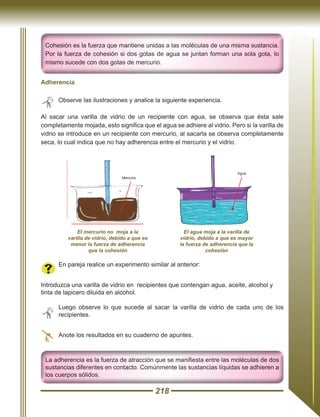 218
Adherencia
Al sacar una varilla de vidrio de un recipiente con agua, se observa que ésta sale
completamente mojada, esto significa que el agua se adhiere al vidrio. Pero si la varilla de
vidrio se introduce en un recipiente con mercurio, al sacarla se observa completamente
seca, lo cual indica que no hay adherencia entre el mercurio y el vidrio.
En pareja realice un experimento similar al anterior:
Introduzca una varilla de vidrio en recipientes que contengan agua, aceite, alcohol y
tinta de lapicero diluida en alcohol.
Luego observe lo que sucede al sacar la varilla de vidrio de cada uno de los
recipientes.
El mercurio no moja a la
varilla de vidrio, debido a que es
menor la fuerza de adherencia
que la cohesión
El agua moja a la varilla de
vidrio, debido a que es mayor
la fuerza de adherencia que la
cohesión
Mercurio
Agua
Anote los resultados en su cuaderno de apuntes.
Observe las ilustraciones y analice la siguiente experiencia.
 