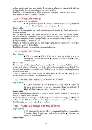 coloca una segunda capa con rodajas de naranja, y sobre éstas otra capa de galletas
emborrachadas y cubiertas finalmente por crema pastelera.
Por último, coloca una capa de plátano cortado en rodajas en el perímetro del pastel.
Para adornar el pastel, utiliza nata y fresas.

1.000 – PASTEL DE NUECES
Ingredientes para 4-6 personas:
                 300 g de nueces picadas 2 huevos 1 vaso de leche 200 g de azúcar
                 un poco de mantequilla unas nueces para decorar
Elaboración:
Unta con la mantequilla un papel antiadherente del tamaño del fondo del molde y
colócalo sobre él.
Para preparar la masa, bate hasta montar los 2 huevos, añade las nueces picadas,
mézclalo todo bien y a continuación agrega 2 cucharadas de azúcar y moja con la leche.
Remueve para repartir todos los ingredientes y vierte esta masa sobre el molde.
Hornéalo durante 25 minutos a 170º.
Calienta el resto del azúcar en una cazuela para preparar un caramelo y viértelo por
encima del pastel ya desmoldado.
Por último, decóralo con las nueces partidas por la mitad.

1.001 – PASTEL DE PERAS
Ingredientes:
                  500 g de peras 100 g de harina 150 g de azúcar 50 g de
                mantequilla 1 cuch. de levadura 2 huevos ¼ litro de leche 2 cuch.
                soperas de ron
Elaboración:
Primero mezcla la harina con el azúcar y la levadura. A continuación, añade las yemas y
una parte de la leche. Calienta el resto de la leche con la mantequilla, y cuando esté tibia
incorpórala a la masa, removiendo bien. Añade el ron y, por último, las claras batidas a
punto de nieve firme.
Vierte la masa en una fuente untada con mantequilla. Cubre con trozos de peras y
hornea durante 45 minutos a 180º. Sirve tibio o frío.

1.002 – PASTEL DE QUESO CON KIWI Y PLÁTANO
Ingredientes:
                  ½ kg de requesón 1 vaso de leche ¼ kg de azúcar 1 cuch. de
                harina de maíz refinada 3 huevos unas pasas de corinto en licor 2
                kiwis 2 plátanos mantequilla y harina para el molde
Elaboración:
Echa en un recipiente el requesón, la leche, la harina de maíz refinada, el azúcar y los
huevos. Bate todo con la batidora.
Unta el molde con la mantequilla y la harina y echa la mezcla con las pasas. Mételo en
el horno a 160-170º durante 20 minutos. Después, desmolda el pastel y déjalo enfriar.
Por último, decóralo con rodajas de kiwi y plátano.

1.003 – PASTEL DE QUESO CON MELOCOTÓN
Ingredientes:
                  300 g de queso fresco (sin sal) 1 bote pequeño de leche condensada
                3 huevos 100 g de galletas 1 melocotón en almíbar 2 plátanos un
                trocito de mantequilla
Elaboración:


                                            297
 