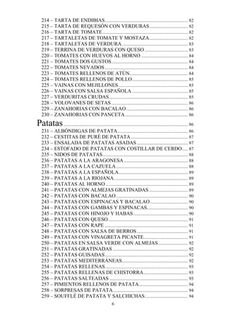 214 – TARTA DE ENDIBIAS ......................................................................... 82
   215 – TARTA DE REQUESÓN CON VERDURAS .................................. 82
   216 – TARTA DE TOMATE ........................................................................... 82
   217 – TARTALETAS DE TOMATE Y MOSTAZA.................................. 82
   218 – TARTALETAS DE VERDURA .......................................................... 83
   219 – TERRINA DE VERDURAS CON QUESO ...................................... 83
   220 – TOMATES CON HUEVOS AL HORNO ......................................... 84
   221 – TOMATES DOS GUSTOS ................................................................... 84
   222 – TOMATES NEVADOS ......................................................................... 84
   223 – TOMATES RELLENOS DE ATÚN ................................................... 84
   224 – TOMATES RELLENOS DE POLLO ................................................. 85
   225 – VAINAS CON MEJILLONES ............................................................. 85
   226 – VAINAS CON SALSA ESPAÑOLA ................................................. 85
   227 – VERDURITAS CRUDAS ..................................................................... 85
   228 – VOLOVANES DE SETAS ................................................................... 86
   229 – ZANAHORIAS CON BACALAO ...................................................... 86
   230 – ZANAHORIAS CON PANCETA ....................................................... 86
Patatas ............................................................................................................. 86
   231 – ALBÓNDIGAS DE PATATA.............................................................. 86
   232 – CESTITAS DE PURÉ DE PATATA .................................................. 87
   233 – ENSALADA DE PATATAS ASADAS ............................................. 87
   234 – ESTOFADO DE PATATAS CON COSTILLAR DE CERDO ..... 87
   235 – NIDOS DE PATATAS........................................................................... 88
   236 – PATATAS A LA ARAGONESA ........................................................ 88
   237 – PATATAS A LA CAZUELA ............................................................... 88
   238 – PATATAS A LA ESPAÑOLA............................................................. 89
   239 – PATATAS A LA RIOJANA ................................................................. 89
   240 – PATATAS AL HORNO ........................................................................ 89
   241 – PATATAS CON ALMEJAS GRATINADAS .................................. 89
   242 – PATATAS CON BACALAO ............................................................... 90
   243 – PATATAS CON ESPINACAS Y BACALAO ................................. 90
   244 – PATATAS CON GAMBAS Y ESPINACAS.................................... 90
   245 – PATATAS CON HINOJO Y HABAS ................................................ 90
   246 – PATATAS CON QUESO ...................................................................... 91
   247 – PATATAS CON RAPE ......................................................................... 91
   248 – PATATAS CON SALSA DE BERROS ............................................. 91
   249 – PATATAS CON VINAGRETA PICANTE....................................... 91
   250 – PATATAS EN SALSA VERDE CON ALMEJAS .......................... 92
   251 – PATATAS GRATINADAS .................................................................. 92
   252 – PATATAS GUISADAS ......................................................................... 92
   253 – PATATAS MEDITERRÁNEAS.......................................................... 92
   254 – PATATAS RELLENAS......................................................................... 93
   255 – PATATAS RELLENAS DE CHISTORRA ....................................... 93
   256 – PATATAS SALTEADAS ..................................................................... 93
   257 – PIMIENTOS RELLENOS DE PATATA ........................................... 94
   258 – SORPRESAS DE PATATA.................................................................. 94
   259 – SOUFFLÉ DE PATATA Y SALCHICHAS...................................... 94
                                                         6
 