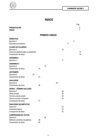 COMPRENSIÓN LECTORA I




                                               ÍNDICE
                                                                             Pág.
PRESENTACIÓN                                                                     6
ÍNDICE                                                                           7

                                           PRIMERA UNIDAD
SEMÁNTICA
Ejercicios 1                                                             9
Equivalencia semántica                                            9
CLASES DE PALABRAS
Ejercicios 2                                                 10
Clases de palabras según su significado                                          10
Comprensión de textos                                                            16
SINÓNIMOS I
Ejercicios 3                                                 17
SINÓNIMOS II
Ejercicios 4                                   18
Comprensión de textos                     18
ANTÓNIMOS
Ejercicios 5                       20
Comprensión de textos                     23
ANALOGÍAS
Ejercicios 6                                            24
Comprensión de textos                     26
SERIES – TÉRMINO EXCLUIDO
Ejercicios 7                                                 28
Series simples                                               28
Término excluido simple                                      29
Término excluido compuesto                                   30
Comprensión de textos                     31
ORACIONES INCOMPLETAS
Ejercicio 8                                                  32
Conectores lógicos                                           33
Comprensión de textos                                        35
COMPRENSIÓN DE TEXTOS
Ejercicio 9                                    36
Definición semántica de palabras          36
Comprensión de textos                     38




                                                    8
 