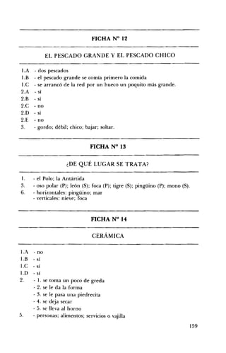 FICHA N° 12 

EL PESCADO GRANDE Y EL PESCADO CHICO 

I.A 	 - dos pescados
I.B 	 - el pescado grande se comía primero la comida
1.C 	 - se arrancó de la red por un hueco un poquito más grande.
2.A 	 - sí
2.B 	 - sí
2.C 	 - no
2.D 	 - sí
2.E 	 - no
3. 	 - gordo; débil; chico; bajar; soltar.
FICHA N° 13 

¿DE QUÉ LUGAR SE TRATA? 

l. 	 - el Polo; la Antártida
3. 	 - oso polar (P); león (8); foca (P); tigre (8); pingüino (P); mono (8).
6. 	 - horizontales: pingüino; mar
- verticales: nieve; foca
FICHA N° 14 

CERÁMICA 

l.A - no
l.B - sí
l.C - sí
I.D - sí
2. - 1. se toma un poco de greda
- 2. se le da la forma
- 3. se le pasa una piedrecita
- 4. se deja secar
- 5. se lleva al horno
5. - personas; alimentos; servicios o vajilla
159
 