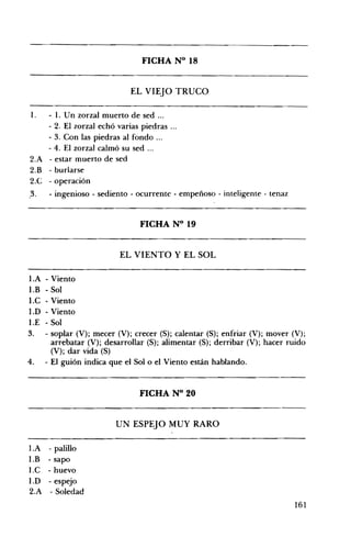 FICHA N° 18 

EL VIEJO TRUCO 

1. 	 - l. Un zorzal muerto de sed ...
- 2. El zorzal echó varias piedras ...
- 3. Con las piedras al fondo ...
- 4. El zorzal calmó su sed ...
2.A 	 - estar muerto de sed
2.B 	 - burlarse
2.C - operación
,3. - ingenioso - sediento - ocurrente - empeñoso - inteligente - tenaz
FICHA N° 19 

EL VIENTO Y EL SOL 

I.A 	- Viento
l.B 	- Sol
l.C 	- Viento
I.D - Viento
LE - Sol
3. 	 - soplar (V); mecer (V); crecer (S); calentar (S); enfriar (V); mover (V);
arrebatar (V); desarrollar (S); alimentar (S); derribar (V); hacer ruido
(V); dar vida (S)
4. 	 - El guión indica que el Solo el Viento están hablando.
FICHA N° 20 

UN ESPEJO MUY RARO 

l.A
l.B
l.C
- palillo
- sapo
- huevo
l.D
2.A
- espejo
- Soledad
161
 