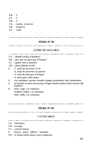 2.B 	 - V
2.C 	 - F
2.D 	 - V
4.A 	 - vuelan: arrastran
4.B - despierto
4.C - ruido
FICHA N° 29 

¿CÓMO SE SALVARÁ? 

l.A 	- ¿dónde estaba el hombre?
l.B 	- ¿por qué no pasó por el bosque?
l.C 	- ¿quién vino a atacarlo?
1.D 	 - ¿hacia dónde corrió?
2. 	 - 1. trató de atravesar el río
- 2. trató de atravesar un puente
- 3. trató de huir por el bosque
- 4. miró para todos lados
3. 	 - río caudaloso; puente cortado; bosque incendiado; león hambriento
4. 	 - el hombre se salvó al atravesar el lugar donde estaba el león muerto (de
hambre)
6. 	 - león: ruge y se comunica
- hombre: habla y se comunica
- lobo: aúlla y se comunica
FICHA N° 30 

UN ENCARGO 

I.A 	- extranjero
l.B 	- encargo
l.C 	- control remoto
2. 	 - dinero - pesos - billetes - monedas
3.D 	- le habían dado dinero para comprarlo
165
 