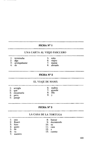 FICHA N° I 

UNA CARTA AL VIEJO PASCUERO 

I : terminaba 5: niño
2:
3:
dijo
acompáñame
6:
7:
viejito
mamá
4: de 8: aliviado
FICHA N° 2 

EL VIAJE DE MAMÁ 

1:
2:
arregla
qué
6:
7:
maleta
grande
3: encantaría 8: ella
4: pero. 9: y
5: pasaje
FICHA N° 3 

LA CASA DE LA TORTUGA 

1: una 8:
2: Buscó 9:
3: hizo 10:
4: pasto 11:
5: de 12:
6: va 13:
7: nuestro
buscar
durmiendo
su
casa
y
cuenta
169
 