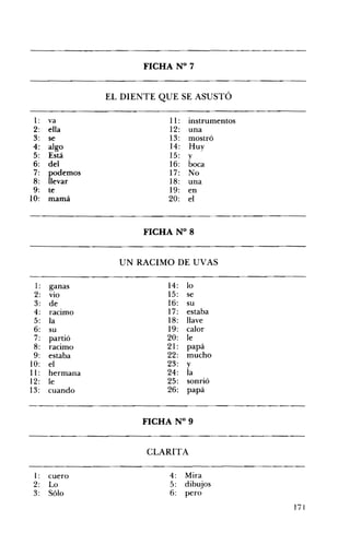 FICHA N° 7 

EL DIENTE QUE SE ASUSTÓ 

1: va
2: ella
3: se
4: algo
5: Está
6: del
7: podemos
8: llevar
9: te
10: mamá
11:
12:
13:
14:
15:
16:
17:
18:
19:
20:
instrumentos
una
mostró
Huy
y
boca
No
una
en
el
FICHA N° 8 

UN RACIMO DE UVAS
1: ganas 14: lo
2: vio 15: se
3: de 16: su
4: racimo 17: estaba
5: la 18: llave
6: su 19: calor
7: pa~tió 20: le
8: racImo 21: papá
9: estaba 22: mucho
10: el 23: y
11: hermana 24: la .,
12: le 25: sonno
13: cuando 26: papá
FICHA N° 9 

CLARITA 

1:
2:
3:
cuero
Lo
Sólo
4:
5:
6:
Mira
dibujos
pero
171
 
