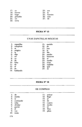17: va 23: sus
18: fuente 24: la
19: hago 25: fuentes
20: pensaba 26: más
21: un 27: de
22: torta
FICHA N° 15 

UNAS ZAPATILLAS MÁGICAS 

1: zapatillas
2: cataplum
3: se
4: mágica
5: la
6: dijo
7: no
8: ya
9: de
10: falta
11: de
12: el
13: de
14: hablando
15:
16:
17:
18:
19:
20:
21 :
22:
23:
24:
25:
26:
27:
metido
de
hay
la
Me
medio
hicieron
se
medio
eran
soplaba
q~e
nI
1: de
2: medio
3: te
4: confundir
5: niña
6: olvidar
7: partió
8: el
9: voz
10: tenía
FICHA N° 16 

DE COMPRAS
11: azúcar
12: llegó
13: al
14: de
15: cuatro
16: medio
17: el
18: Huy
19: plata
174
 