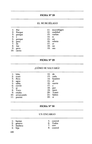 FICHA N° 28 

EL MURCIÉLAGO 

1: Por
2: Porque
3: porque
4: y
5: porque
6: para
7: de
8: Así
9: pero
10: cierto
11:
12:
13:
14:
15:
16:
17:
18:
19:
murciélagos
realidad
vuelan
SI
un
rebota
S~
no
sea
FICHA N° 29 

¿CÓMO SE SALVARÁ? 

1: lobo
2: trató
3: Pero
4: agua
5: sabía
6: corrió
7: se
8: Tuvo
9: estaba
10: arrancando
11: puente
12:
13:
14:
15:
16:
17:
18:
19:
20:
21:
22:
de
cada
hombre
el
suerte
y
por
miró
Tomó
Saben
SI
FICHA N° 30 

UN ENCARGO 

1: hacían 5: control
2:
3:
género
muñeca
6:
7:
Todos
uno
4: hija 8: control
180
 