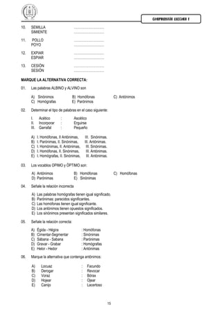 COMPRENSIÓN LECTORA I
15
10. SEMILLA ………………………
SIMIENTE ………………………
11. POLLO ………………………
POYO ………………………
12. EXPIAR ………………………
ESPIAR ………………………
13. CESIÓN ………………………
SESIÓN ………………………
MARQUE LA ALTERNATIVA CORRECTA:
01. Las palabras ALBINO y ALVINO son
A) Sinónimos B) Homófonas C) Antónimos
C) Homógrafas E) Parónimos
02. Determinar el tipo de palabras en el caso siguiente:
I. Acético : Ascético
II. Incorporar : Erguirse
III. Garrafal : Pequeño
A) I. Homófonas, II Antónimas, III. Sinónimas.
B) I. Parónimas, II. Sinónimas, III. Antónimas.
C) I. Homónimas, II. Antónimas, III. Sinónimas.
D) I. Homófonas, II. Sinónimas, III. Antónimas.
E) I. Homógrafas, II. Sinónimas, III. Antónimas.
03. Los vocablos OPIMO y ÓPTIMO son:
A) Antónimos B) Homófonas C) Homófonas
D) Parónimas E) Sinónimas
04. Señale la relación incorrecta
A) Las palabras homógrafas tienen igual significado.
B) Parónimas: parecidos significantes.
C) Las homófonas tienen igual significante.
D) Los antónimos tienen opuestos significados.
E) Los sinónimos presentan significados similares.
05. Señale la relación correcta:
A) Égida - Hégira : Homófonas
B) Cimentar-Segmentar : Sinónimas
C) Sábana - Sabana : Parónimas
D) Gravar - Grabar : Homógrafas
E) Helor - Hedor : Antónimas
06. Marque la alternativa que contenga antónimos:
A) Locuaz : Facundo
B) Derogar : Revocar
C) Voraz : Bórax
D) Hojear : Ojear
E) Canijo : Lacertoso
 