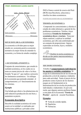 PROF: RODRIGUEZ LAURA DANTE
Leyes_ teorías_ general
Francis Bacon (1615) Rene Descartes
Hecho económico fenómeno
Particulares particulares
DIVICION DE LA ECONOMIA
La economía se dividen para su mejor
estudio en: economía positiva economía
normativa la mejor forma de entender la
economía y su forma de estudio complejo.
1 ECONOMÍA POSITIVA
Conjunto de conocimientos, que estudia la
realidad económica, en los cuales no se
toma en cuenta juicios de valor o la ética.
Estudia “lo que es”: que explica y proyecta
los fenómenos económicos. Un enfoque
de la economía que pretende entender el
comportamiento y el funcionamiento de
los sistemas.
Ejemplo
Una helada que afecte a las plantaciones de
café reducirá la producción de este bien y
aumentara su precio.
Economía descriptiva
Describe la realidad económica tal como
ocurre en la realidad es realizados por
instituciones públicas y privadas como
INEI el banco central de reserva del Perú
(BCR) ósea Recolecta, selecciona y
clasifica los datos económicos.
FUENTE DE DATOS PARA EL ECONOMISTAS
Teoría económica
Comprende los conocimientos y efectúa el
estudio de orden abstracto y general de los
problemas económicos. Teorías y leyes
económicas Estudia los fenómenos
económicos (leyes y teorías). Tiene por
objeto analizar y explicar la realidad
económica, por ello está conformado por
un conjunto de proposiciones lógicas
expresadas en teorías, leyes y modelos
económicos.
Chichito la teoría económica se
divide en dos partes macroeconómica y
microeconómica
Microeconomía:
Estudia el comportamiento individual de
los agentes o variables económicos. Se
ocupa de la determinación de los niveles de
producción a nivel de empresa e industria
para cada actividad, Tanto el precio de los
productos como el precio de los factores
juegan un rol fundamental en la
determinación de los niveles de producción
individuales e industriales .Es por esta
razón, que algunos autores prefieren llamar
a esta parte de la Economía “Teoría de
Precios”, aporte de escuela Neoclásica.
Ejemplos:
 Venta de comida rápida.
 Papelerías.
 Farmacias.
 