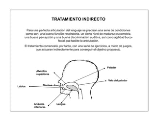 11
TRATAMIENTO INDIRECTO
Para una perfecta articulación del lenguaje se precisan una serie de condiciones
como son: una buena función respiratoria, un cierto nivel de madurez psicomotriz,
una buena percepción y una buena discriminación auditiva, así como agilidad buco-
facial que facilite la articulación.
El tratamiento comenzará, por tanto, con una serie de ejercicios, a modo de juegos,
que actuaran indirectamente para conseguir el objetivo propuesto.
Alvéolos
superiores
Dientes
Alvéolos
inferiores
Lengua
Paladar
Velo del paladar
Labios
 