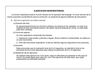 16
EJERCICIOS RESPIRATORIOS
La función respiratoria está en función directa con la expresión del lenguaje. Un buen dominio de la
misma supondrá una facilitación para la corrección, en especial de algunos defectos de articulación.
A. Ejercicios respiratorios sin utilizar material:
a) Posición del niño:
En general estará de pie con el tronco vertical y los brazos en los costados. La ropa no le
impedirá el libre movimiento torácico. No deben hacerse después de comer. La sala debe
estar bien ventilada.
b) Forma de respirar:
Un ciclo respiratorio comprende tres tiempos:
1.- Inspiración nasal amplia, profunda y regular. Nunca violenta ni entrecortada, se realiza en
un solo movimiento.
2.- Paro del movimiento respiratorio: el aire es retenido algunos segundos en los pulmones.
c) Duración:
Debe procurarse que la inspiración dure de 6 a 8 segundos, se retendrá el aire en los
pulmones de dos a tres segundos para realizar la espiración de 8 a 10 segundos.
d) Repetición de los ejercicios:
Se repetirá cada ejercicio de 3 a 6 veces, según la dificultad que presente el niño para el
mismo. Se puede elegir para cada día, uno o dos ejercicios de cada serie, que vayan
presentando una dificultad creciente.
 