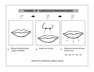 26
Coloca los labios juntos Inspira por la nariz Expulsa el aire por la boca
y algo contraídos y pronuncia:
ba ± be ± bi ± bo ± bu
REPITE EL EJERCICIO VARIAS VECES
FONEMA ³B´ EJERCICIOS PREPARATORIOS
 