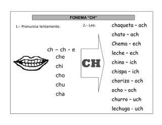 44
FONEMA ³CH´
ch ± ch - e
1.- Pronuncia lentamente.
CH
2.- Lee.
che
chi
cho
chu
cha
chaqueta ² ach
chato ² ach
Chema ² ech
leche ² ech
chino ² ich
chispa ² ich
chorizo ² och
ocho ² och
churro ² uch
lechuga - uch
 