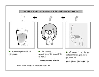 61
FONEMA ³GUE´ EJERCICIOS PREPARATORIOS
Realiza ejercicios de
gárgaras.
Pronuncia
repetidamente tapándote
la nariz:
enke ± enke - enke
Observa como debes
colocar la lengua para
pronunciar:
ga ± gue ± gui ± go - gu
REPITE EL EJERCICIO VARIAS VECES
 