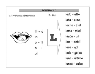 79
FONEMA ³L´
1.- Pronuncia lentamente.
L
2.- Lee.
lll ± o
lo
o ± lll
o ± l
ol
lado ² alto
lata ² alma
leche ² fiel
lema ² miel
limón ² gil
lino ² debil
loro ² gol
lodo ² golpe
luna ² último
lunes - pulso
 