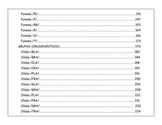 4
Fonema /Ñ/««««««««««««««««««««««««««««««««««««««««««««««««.141
Fonema /P/««««««««««««««««««««««««««««««««««««««««««««««««.147
Fonema /RR/«««««««««««««««««««««««««««««««««««««««««««««««.153
Fonema /R/«««««««««««««««««««««««««««««««««««««««««««««««.. 164
Fonema /S/«««««««««««««««««««««««««««««««««««««««««««««««.. 166
Fonema /T/«««««««««««««««««««««««««««««««««««««««««««««««.. 173
GRUPOS CONSONÁNTICOS««««««««««««««««««««««««««««««««««««.. 179
Sílaba /BLA/««««««««««««««««««««««««««««««««««««««««««««««. 180
Sílaba /BRA/««««««««««««««««««««««««««««««««««««««««««««««. 184
Sílaba /CLA/««««««««««««««««««««««««««««««««««««««««««««««. 188
Sílaba /CRA/««««««««««««««««««««««««««««««««««««««««««««««. 192
Sílaba /FLA/««««««««««««««««««««««««««««««««««««««««««««««. 196
Sílaba /FRA/««««««««««««««««««««««««««««««««««««««««««««««. 200
Sílaba /GLA/««««««««««««««««««««««««««««««««««««««««««««««. 204
Sílaba /GRA/««««««««««««««««««««««««««««««««««««««««««««««. 208
Sílaba /PLA/««««««««««««««««««««««««««««««««««««««««««««««.. 212
Sílaba /PRA/«««««««««««««««««««««««««««««««««««««««««««««.... 216
Sílaba /DRA/«««««««««««««««««««««««««««««««««««««««««««««« 220
Sílaba /TRA/««««««««««««««««««««««««««««««««««««««««««««««. 224
 