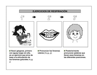 52
EJERCICIOS DE RESPIRACIÓN
Hacer gárgaras, primero
con aguay luego sin ella,
es un ejercicio que sirve de
base a la articulación de
los fonemas guturales: k, g
,j.
Pronunciar los fonemas
velares ( k, g , j.)
Posteriormente
pronunciar palabras que
lleven esos fonemas en
las diferentes posiciones.
 