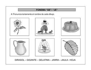 59
FONEMA ³GE´- ³JE´
 Pronuncia lentamente el nombre de cada dibujo.
GIRASOL ± GIGANTE ± GELATINA ± JARRA ± JAULA - HOJA
 