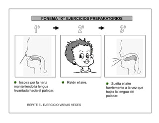 68
FONEMA ³K´ EJERCICIOS PREPARATORIOS
Inspira por la nariz
manteniendo la lengua
levantada hacia el paladar.
Retén el aire. Suelta el aire
fuertemente a la vez que
bajas la lengua del
paladar.
REPITE EL EJERCICIO VARIAS VECES
 