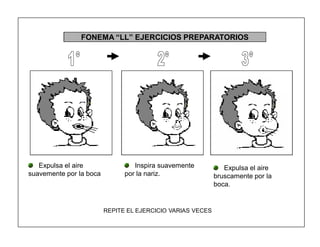 82
FONEMA ³LL´ EJERCICIOS PREPARATORIOS
Expulsa el aire
suavemente por la boca
Inspira suavemente
por la nariz.
Expulsa el aire
bruscamente por la
boca.
REPITE EL EJERCICIO VARIAS VECES
 