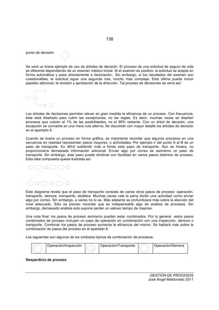 138
GESTIÓN DE PROCESOS
José Angel Maldonado 2011
punto de decisión
Se verá un breve ejemplo de uso de árboles de decisión. El proceso de una solicitud de seguro de vida
es diferente dependiendo de un examen médico inicial. Si el examen es positivo, la solicitud se acepta en
forma automática y pasa directamente a facturación,. Sin embargo, si los resultados del examen son
cuestionables, la solicitud sigue una segunda ruta, mucho más compleja. Esta última puede incluir
papeleo adicional, la revisión y aprobación de la dirección. Tal proceso de decisiones se vería así:
Los árboles de decisiones permiten elevar en gran medida la eficiencia de un proceso. Con frecuencia,
éste está diseñado para cubrir las excepciones, no las reglas. Es decir, muchas veces se diseñan
procesos que cubren el 1% de las posibilidades, no el 99% restante. Con un árbol de decisión, una
excepción se convierte en una mera ruta alterna. Se discutirán con mayor detalle los árboles de decisión
en el apartado 6.
Cuando se ilustra un proceso en forma gráfica, es importante recordar que algunos procesos en una
secuencia en realidad representan pasos mayores, o actividades. Por ejemplo ir del punto A al B es un
paso de transporte. Es difícil subdividir más a fondo este paso de transporte. Aún se hiciera, no
proporcionaría demasiada información adicional. Enviar algo por correo es asimismo un paso de
transporte. Sin embargo, este paso puede dividirse con facilidad en varios pasos distintos de proceso.
Esta idea compuesta queda ilustrada así:
Este diagrama revela que el paso de transporte consiste de varios otros pasos de proceso: operación,
transporte, demora, transporte, etcétera. Muchas veces vale la pena dividir una actividad como enviar
algo por correo. Sin embargo, a veces no lo es. Más adelante se profundizará más sobre la elección del
nivel adecuado. Sólo es preciso recordar que es indispensable algo de análisis de procesos. Sin
embargo, demasiado análisis solo supone perder un valioso tiempo de mejoras.
Una nota final: los pasos de proceso asimismo pueden estar combinados. Por lo general estos pasos
combinados de proceso incluyen un paso de operación en combinación con una inspección, demora o
transporte. Combinar los pasos de proceso aumenta la eficiencia del mismo. Se hablará más sobre la
combinación de pasos del proceso en el apartado 6.
Los siguientes son algunos de los símbolos típicos de combinación de procesos:
Operación/Inspección Operación/Transporte Operación/Demora
Desperdicio de proceso
 