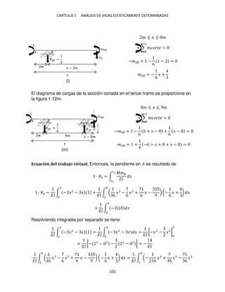 CAPÍTULO 1 ANÁLISIS DE VIGAS ESTÁTICAMENTE DETERMINADAS
103
� ≤ � ≤ �
+ ∑ ������ =
−�2� + −
6
� − =
�2� = −
6
� +
El diagrama de cargas de la sección cortada en el tercer tramo se proporciona en
la figura 1-12m.
� ≤ � ≤ 9�
+ ∑ ������ =
−� � + −
6
6 + � − +
6
� − =
� � = +
6
−6 − � + + � − =
Ecuación del trabajo virtual. Entonces, la pendiente en � es resultado de
∙ �� = ∫
���
��
�
�2
�
∙ �� =
��
∫ − �2
− � +
��
2
∫ (
6
� −
6
�2
+
6
� −
5
9
)
2
(−
6
� + ) �
+
��
∫ − �
9
Resolviendo integrales por separado se tiene
��
∫ − �2
− �
2
=
��
∫ − �2
− � � =
��
2
[−� − �2
]
2
=
��
[− − − 2
− 2
] = −
��
��
∫ (
6
� −
6
�2
+
6
� −
5
9
)
2
(−
6
� + ) � =
��
∫ (−
6
�4
+
6
� −
6
�2
2
(l)
(m)
 