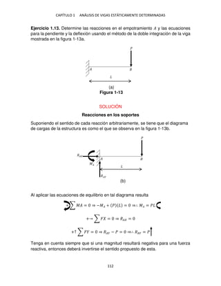 CAPÍTULO 1 ANÁLISIS DE VIGAS ESTÁTICAMENTE DETERMINADAS
112
Ejercicio 1.13. Determine las reacciones en el empotramiento � y las ecuaciones
para la pendiente y la deflexión usando el método de la doble integración de la viga
mostrada en la figura 1-13a.
SOLUCIÓN
Reacciones en los soportes
Suponiendo el sentido de cada reacción arbitrariamente, se tiene que el diagrama
de cargas de la estructura es como el que se observa en la figura 1-13b.
Al aplicar las ecuaciones de equilibrio en tal diagrama resulta
+ ∑ �� = ⇒ −�� + � = ⇒∴ �� = �
+ ∑ � = ⇒ �� =
+↑ ∑ � = ⇒ ��� − � = ⇒∴ ��� = �
Tenga en cuenta siempre que si una magnitud resultará negativa para una fuerza
reactiva, entonces deberá invertirse el sentido propuesto de esta.
�
�
�
�
��
��
��
Figura 1-13
(a)
(b)
 