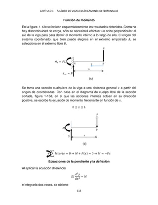 CAPÍTULO 1 ANÁLISIS DE VIGAS ESTÁTICAMENTE DETERMINADAS
113
Función de momento
En la figura 1-13c se indican esquemáticamente los resultados obtenidos. Como no
hay discontinuidad de carga, sólo se necesitará efectuar un corte perpendicular al
eje de la viga para para definir el momento interno a lo largo de ella. El origen del
sistema coordenado, que bien puede elegirse en el extremo empotrado �, se
selecciona en el extremo libre .
Se toma una sección cualquiera de la viga a una distancia general � a partir del
origen de coordenadas. Con base en el diagrama de cuerpo libre de la sección
cortada, figura 1-13d, en el que las acciones internas actúan en su dirección
positiva, se escribe la ecuación de momento flexionante en función de �.
≤ � ≤
+ ∑ ������ = ⇒ � + � � = ⇒ � = −��
Ecuaciones de la pendiente y la deflexión
Al aplicar la ecuación diferencial
��
2
�
�2
= �
e integrarla dos veces, se obtiene
�
�
� �
(c)
(d)
�
�
�� = �
�� = �
�
 