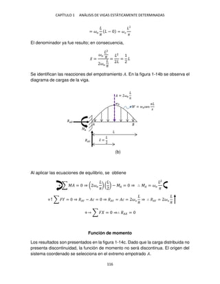 CAPÍTULO 1 ANÁLISIS DE VIGAS ESTÁTICAMENTE DETERMINADAS
116
= ��
�
− = ��
�
El denominador ya fue resulto; en consecuencia,
�̅ =
��
2
�
�� �
=
2
=
Se identifican las reacciones del empotramiento �. En la figura 1-14b se observa el
diagrama de cargas de la viga.
Al aplicar las ecuaciones de equilibrio, se obtiene
+ ∑ �� = ⇒ ( ��
�
) ( ) − �� = ⇒ ∴ �� = ��
2
�
+↑ ∑ � = ⇒ ��� − �� = ⇒ ��� = �� = ��
�
⇒ ∴ ��� = ��
�
+ ∑ � = ⇒∴ �� =
Función de momento
Los resultados son presentados en la figura 1-14c. Dado que la carga distribuida no
presenta discontinuidad, la función de momento no será discontinua. El origen del
sistema coordenado se selecciona en el extremo empotrado �.
(b)
 