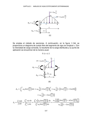 CAPÍTULO 1 ANÁLISIS DE VIGAS ESTÁTICAMENTE DETERMINADAS
117
Se emplea el método de secciones. A continuación, en la figura 1-14d, se
proporciona un diagrama de cuerpo libre del segmento de viga con longitud �. Con
la intensidad de carga conocida, la resultante de la carga distribuida y su punto de
aplicación se encuentran de la manera usual.
≤ � ≤
�� = ∫ �� �
��
�
� = ��
�
[−��
��
]
�
= ��
�
{− [��
��
− �� ]}
= ��
�
[ − ��
��
]
�̅� =
∫ �
̃ �
∫ �
=
∫ �� �
�2
�
∫ � �
�2
�
=
∫ �
�
[�� �
��
] �
∫ �� �
��
�
�
=
�� �
{[
�
�
��
− ���
��
]
�
}
�� �
[ − ��
��
]
(c)
(d)
 
