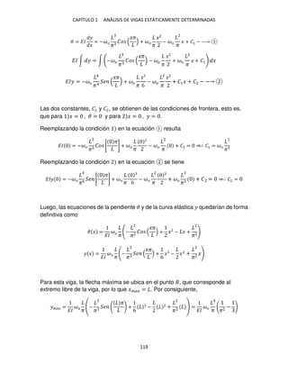 CAPÍTULO 1 ANÁLISIS DE VIGAS ESTÁTICAMENTE DETERMINADAS
119
� = ��
�
�
= −��
�
��
��
+ ��
�
�
− ��
�
� + �1 − −
�� ∫ � = ∫ −��
�
��
��
− ��
�
�
+ ��
2
�
� + � �
��� = −��
4
�4
�
��
+ ��
�
�
6
− ��
2
�
�
+ �1� + �2 − −
Las dos constantes, �1 y �2, se obtienen de las condiciones de frontera, esto es,
que para � = , � = y para � = , � = .
Reemplazando la condición en la ecuación resulta
�� = −��
�
�� [
�
] + ��
�
− ��
�
+ �1 = ⇒∴ �1 = ��
�
Reemplazando la condición en la ecuación se tiene
��� = −��
�
� [
�
] + ��
� 6
− ��
�
2
+ ��
�
+ � = ⇒∴ �2 =
Luego, las ecuaciones de la pendiente � y de la curva elástica � quedarían de forma
definitiva como
� � =
��
��
�
(−
�
��
��
+ � − � +
�
)
� � =
��
��
�
(−
�
�
��
+
6
� − �2
+
�
�)
Para esta viga, la flecha máxima se ubica en el punto , que corresponde al
extremo libre de la viga, por lo que ���� = . Por consiguiente,
��á� =
��
��
�
−
�
�
�
+
6
− 2
+
�
=
��
��
� �
−
 
