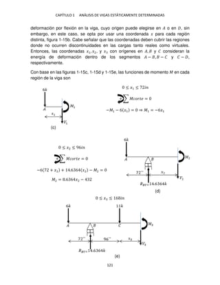 CAPÍTULO 1 ANÁLISIS DE VIGAS ESTÁTICAMENTE DETERMINADAS
121
deformación por flexión en la viga, cuyo origen puede elegirse en � o en , sin
embargo, en este caso, se opta por usar una coordenada � para cada región
distinta, figura 1-15b. Cabe señalar que las coordenadas deben cubrir las regiones
donde no ocurren discontinuidades en las cargas tanto reales como virtuales.
Entonces, las coordenadas �1, �2, y � con orígenes en �, y � consideran la
energía de deformación dentro de los segmentos � − , − � y � − ,
respectivamente.
Con base en las figuras 1-15c, 1-15d y 1-15e, las funciones de momento � en cada
región de la viga son
≤ �1 ≤ �
+ ∑ ������ =
−�1 − 6 �1 = ⇒ �1 = −6�1
≤ �2 ≤ 96�
+ ∑ ������ =
−6 + �2 + .6 6 �2 − �2 =
�2 = .6 6 �2 −
≤ � ≤ 6 �
(c)
(d)
(e)
 