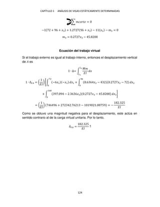 CAPÍTULO 1 ANÁLISIS DE VIGAS ESTÁTICAMENTE DETERMINADAS
124
+ ∑ ������ =
− + 96 + � + . 96 + � − � − � =
� = . � − 5.
Ecuación del trabajo virtual
Si el trabajo externo es igual al trabajo interno, entonces el desplazamiento vertical
de � es
∙ ∆= ∫
��
��
�
�2
�
∙ ��� = (
��
) [∫ −6�1 −�1
72
�1 + ∫ .6 6 �2 − . �2 −
96
�2
+ ∫ 9 . 9 − . 6 6� . � − 5.
16
� ]
= (
��
) 6 96 + . 6 − 9 . 59 = −
. 5
��
Como se obtuvo una magnitud negativa para el desplazamiento, este actúa en
sentido contrario al de la carga virtual unitaria. Por lo tanto,
��� =
. 5
��
↑
 