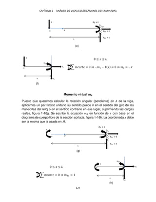 CAPÍTULO 1 ANÁLISIS DE VIGAS ESTÁTICAMENTE DETERMINADAS
127
≤ � ≤
+ ∑ ������ = ⇒ −�1 − � = ⇒ �1 = −�
Momento virtual ��
Puesto que queremos calcular la rotación angular (pendiente) en � de la viga,
aplicamos un par ficticio unitario su sentido puede ir en el sentido del giro de las
manecillas del reloj o en el sentido contrario en ese lugar, suprimiendo las cargas
reales, figura 1-16g. Se escribe la ecuación �� en función de � con base en el
diagrama de cuerpo libre de la sección cortada, figura 1-16h. La coordenada � debe
ser la misma que la usada en �.
≤ � ≤
+ ∑ ������ = ⇒ ��1 =
(e)
(f)
(g)
(h)
 