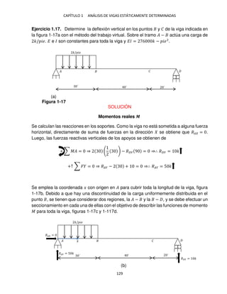 CAPÍTULO 1 ANÁLISIS DE VIGAS ESTÁTICAMENTE DETERMINADAS
129
Ejercicio 1.17. Determine la deflexión vertical en los puntos y � de la viga indicada en
la figura 1-17a con el método del trabajo virtual. Sobre el tramo � − actúa una carga de
�/ ��. � e � son constantes para toda la viga y �� = 6 � − ��2
.
SOLUCIÓN
Momentos reales �
Se calculan las reacciones en los soportes. Como la viga no está sometida a alguna fuerza
horizontal, directamente de suma de fuerzas en la dirección se obtiene que �� = .
Luego, las fuerzas reactivas verticales de los apoyos se obtienen de
+ ∑ �� = ⇒ − ��� 9 = ⇒∴ ��� = �
+↑ ∑ � = ⇒ ��� − + = ⇒∴ ��� = 5 �
Se emplea la coordenada � con origen en � para cubrir toda la longitud de la viga, figura
1-17b. Debido a que hay una discontinuidad de la carga uniformemente distribuida en el
punto , se tienen que considerar dos regiones, la � − y la − , y se debe efectuar un
seccionamiento en cada una de ellas con el objetivo de describir las funciones de momento
� para toda la viga, figuras 1-17c y 1-117d.
�/ ��
� �
´ ´ ´
�� =
��� = 5 �
��� = �
�
�/ ��
�
´ ´ ´
�
Figura 1-17
(a)
(b)
 