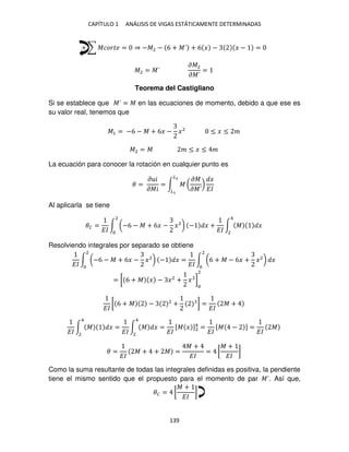 CAPÍTULO 1 ANÁLISIS DE VIGAS ESTÁTICAMENTE DETERMINADAS
139
+ ∑ ������ = ⇒ −�2 − 6 + �´ + 6 � − � − =
�2 = �´
��2
��´
=
Teorema del Castigliano
Si se establece que �´ = � en las ecuaciones de momento, debido a que ese es
su valor real, tenemos que
�1 = −6 − � + 6� − �2
≤ � ≤ �
�2 = � � ≤ � ≤ �
La ecuación para conocer la rotación en cualquier punto es
� =
� �
���
= ∫ � (
��
��´
)
�
��
�2
�
Al aplicarla se tiene
�� =
��
∫ (−6 − � + 6� − �2
) − � +
��
∫ � �
4
2
2
Resolviendo integrales por separado se obtiene
��
∫ (−6 − � + 6� − �2
)
2
− � =
��
∫ (6 + � − 6� + �2
)
2
�
= [ 6 + � � − �2
+ � ]
2
��
[ 6 + � − 2
+ ] =
��
� +
��
∫ � �
4
2
=
��
∫ � �
4
2
=
��
[� � ]2
4
=
��
[� − ] =
��
�
� =
��
� + + � =
� +
��
= [
� +
��
]
Como la suma resultante de todas las integrales definidas es positiva, la pendiente
tiene el mismo sentido que el propuesto para el momento de par �´. Así que,
�� = [
� +
��
]
 
