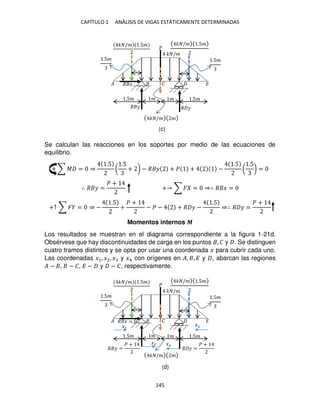 CAPÍTULO 1 ANÁLISIS DE VIGAS ESTÁTICAMENTE DETERMINADAS
145
Se calculan las reacciones en los soportes por medio de las ecuaciones de
equilibrio.
+ ∑ � = ⇒
.5
(
.5
+ ) − � � + � + −
.5
(
.5
) =
∴ � � =
� +
+ ∑ � = ⇒∴ � � =
+↑ ∑ � = ⇒ −
.5
+
� +
− � − + � � −
.5
⇒∴ � � =
� +
Momentos internos �
Los resultados se muestran en el diagrama correspondiente a la figura 1-21d.
Obsérvese que hay discontinuidades de carga en los puntos , � y . Se distinguen
cuatro tramos distintos y se opta por usar una coordenada � para cubrir cada uno.
Las coordenadas �1, �2, � y �4 con orígenes en �, , � y , abarcan las regiones
� − , − �, � − y − �, respectivamente.
� /�
� �
�
�
.5� � � .5�
� /� .5� � /� .5�
� �
� � � �
.5�
.5�
� /� �
� /�
� �
�
�
.5� � � .5�
� /� .5� � /� .5�
� � =
� � =
� +
� � =
� +
.5�
.5�
� /� �
�1
�2 �
�
(c)
(d)
 