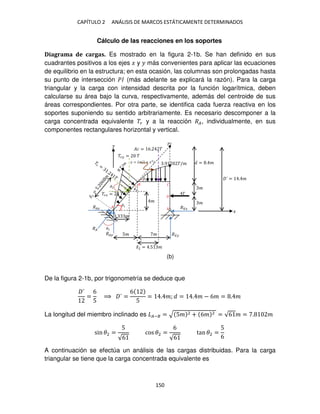 CAPÍTULO 2 ANÁLISIS DE MARCOS ESTÁTICAMENTE DETERMINADOS
150
Cálculo de las reacciones en los soportes
Diagrama de cargas. Es mostrado en la figura 2-1b. Se han definido en sus
cuadrantes positivos a los ejes � y � más convenientes para aplicar las ecuaciones
de equilibrio en la estructura; en esta ocasión, las columnas son prolongadas hasta
su punto de intersección �� (más adelante se explicará la razón). Para la carga
triangular y la carga con intensidad descrita por la función logarítmica, deben
calcularse su área bajo la curva, respectivamente, además del centroide de sus
áreas correspondientes. Por otra parte, se identifica cada fuerza reactiva en los
soportes suponiendo su sentido arbitrariamente. Es necesario descomponer a la
carga concentrada equivalente �� y a la reacción ��, individualmente, en sus
componentes rectangulares horizontal y vertical.
De la figura 2-1b, por trigonometría se deduce que
´
=
6
5
⟹ ´ =
6
5
= . �; = . � − 6� = . �
La longitud del miembro inclinado es �−� = √ 5� 2 + 6� 2 = √6 � = . �
sin �2 =
5
√6
cos �2 =
6
√6
tan �2 =
5
6
A continuación se efectúa un análisis de las cargas distribuidas. Para la carga
triangular se tiene que la carga concentrada equivalente es
�� = �
��� = �
���
��
��
5� �
�̅2 = .5 �
�
�
�
= . �
´ = . �
��
���
�
��
�� = 6. �
� = + �2
�1
�1
�2
�2
�2
�
�
.9 �/�
. �
�
�
�
(b)
 