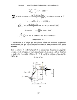 CAPÍTULO 2 ANÁLISIS DE MARCOS ESTÁTICAMENTE DETERMINADOS
157
�/�
√6 �
=
′
�1
⇒ ′
= . �1
+ ∑ ������ = ⇒ −�1 − [
�1 . �1
] ( �1) = ⇒ �1 = − . 6 �1
� �1 = √6 �, �1 = − . �. �
+ ∑ � = ⇒
�1 . �1
+ �1 = ⇒ �1 = − .5 �1
2
� ��� �é �1 =
�1
�1
= − .5 �1
2
+ ∑ � = ⇒ 1 + . = ⇒ 1 = − .
MIEMBRO − �.
La distribución de la carga que se extiende sobre este miembro no presenta
discontinuidad, así que sólo es necesario realizar un corte perpendicular al eje del
miembro.
Corte en el tramo − �. En la figura 1-2h se representa el diagrama de cuerpo libre
correspondiente a la porción izquierda de la estructura que se produce al cortarla
en algún sitio intermedio del tramo − �. El equilibrio estático del cuerpo libre
implica que
≤ �2 ≤ �
(h)
 