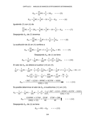 CAPÍTULO 2 ANÁLISIS DE MARCOS ESTÁTICAMENTE DETERMINADOS
164
�� = + − ��� − − − 5
�� = +
5
− + − �� − − − 6
Igualando 5 con 6 da
+ − ��� = +
5
− + − �� − − −
Despejando ��� de tenemos
��� = − + 5 + + �� − − −
La sustitución de en conlleva a
��� + − + 5 + + �� = − − − 9
Despejando ��� de se tiene
��� =
56
2
− −
5
− + ( + ) �� − − −
El valor de �� se obtiene al sustituir en 9 .
56
2
− −
5
− + ( + ) �� + − + 5 + + �� − =
�� (
5
+ ) = −
56
2
+
99
6
+ − −
�� =
− 2
− − 99 + −
+ 5
− − −
Es posible determinar el valor de ��� si sustituimos en .
��� =
56
2
− −
5
− + ( + )
− 2
− − 99 + −
+ 5
��� =
9 + 6
+ 5
+
5
−
5 +
− − −
Despejando ��� de se tiene
��� = − ��� − − −
 